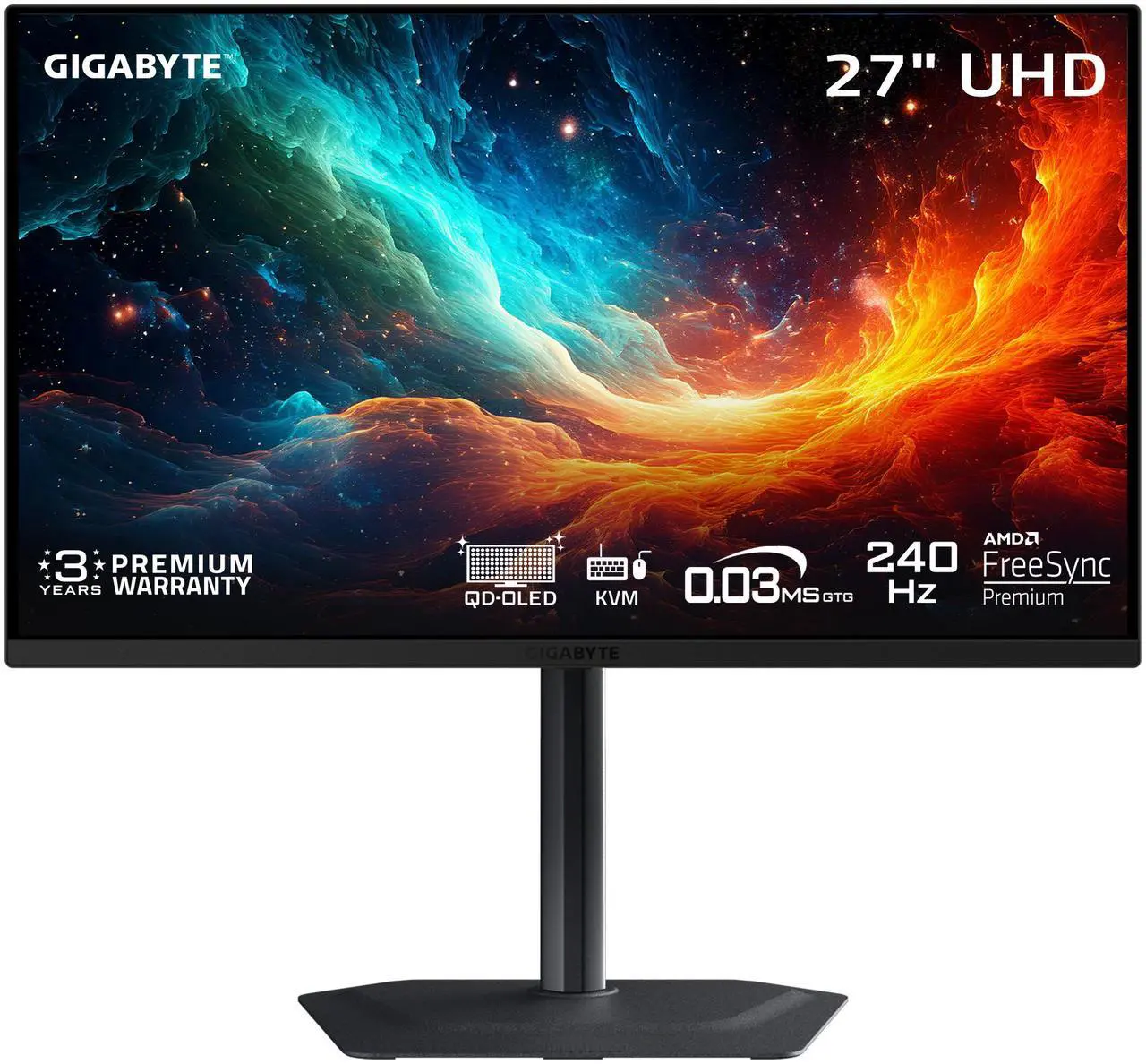 GIGABYTE 27" UHD 4K 240Hz with AMD FreeSync Premium Pro &, G-SYNC Compatible HDR400 USB-C KVM OLED Gaming Computer Monitor with Height adjustable,